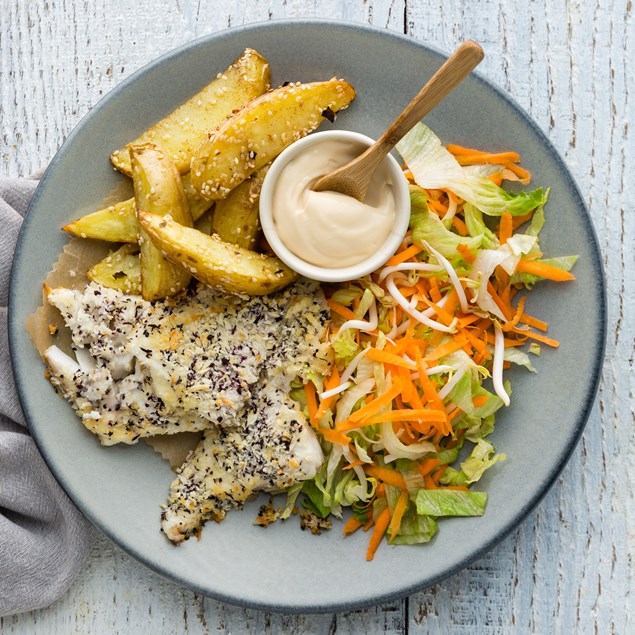 Shiso Furikake Crumbed Fish with Sesame Wedges