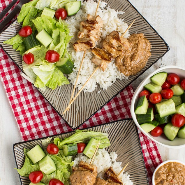 Chicken Skewers with Satay Sauce, Coconut Rice and Chunky Salad