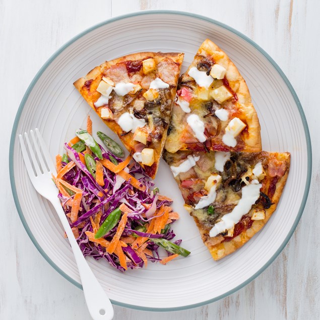 Bacon, Maple and Caramelised Onion Pizzas with Chilli Slaw