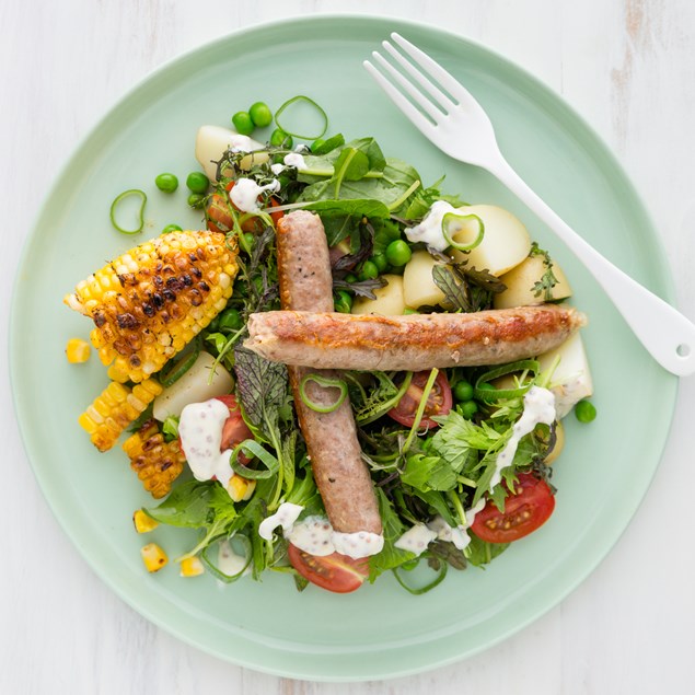 Toulouse Sausages with Potato Salad and Honey Mustard Yoghurt
