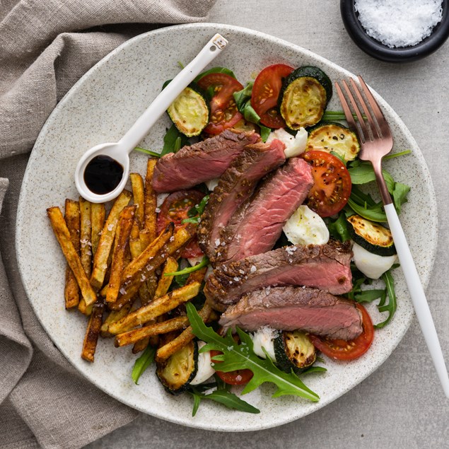 Beef Sirloin  with Smoky Fries and Caprese salad  