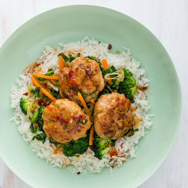 Thai Green Turkey Cakes with Coconut Rice and Asian Dressing 