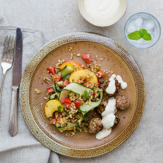 Turkey Kofta with Freekeh Salad and Hummus Mayo