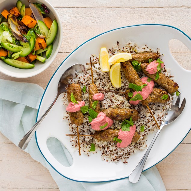 Pork Kofta with Veggie Quinoa Rice and Beetroot Hummonnaise