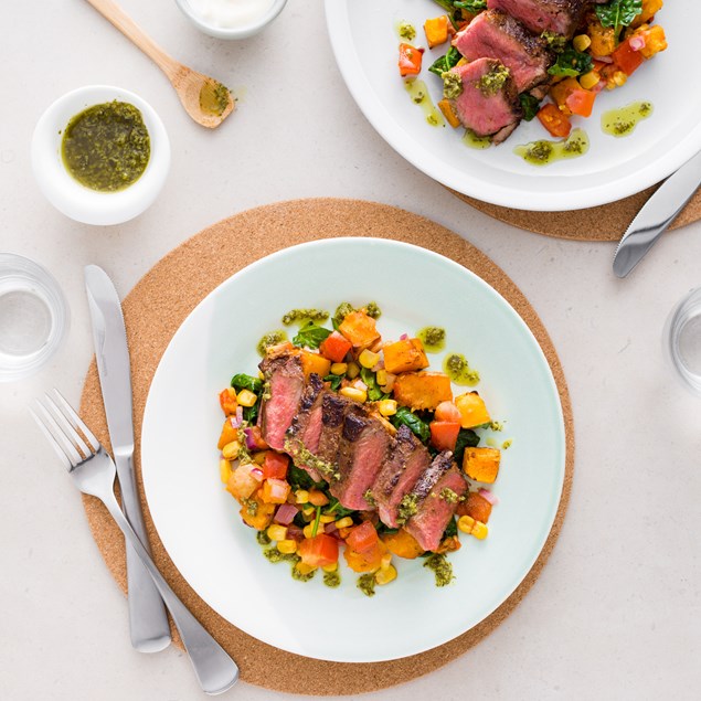 Smoky Beef with Winter Pumpkin and Tomato Salad