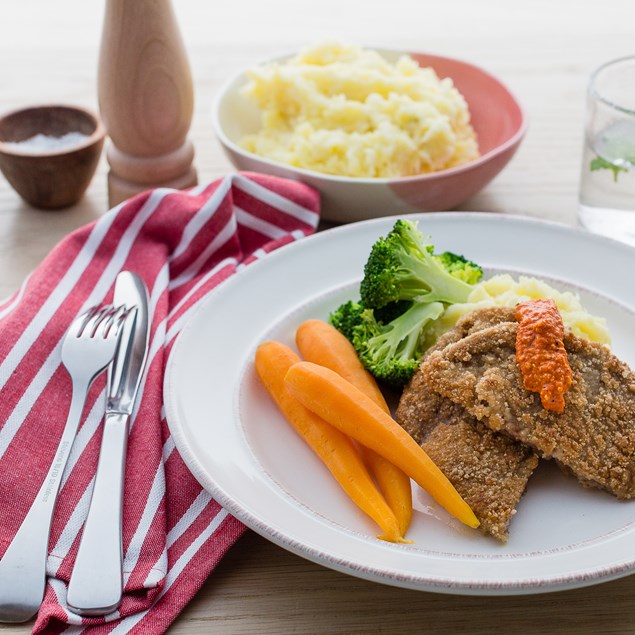 Beef Schnitzel with Romesco Sauce and Glazed Carrots