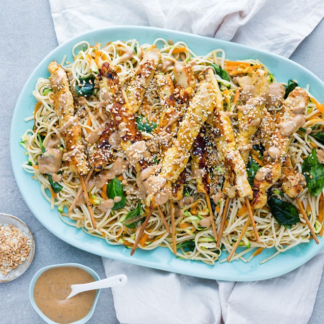 Coconut and Lemongrass Chicken Skewers with Satay Noodles