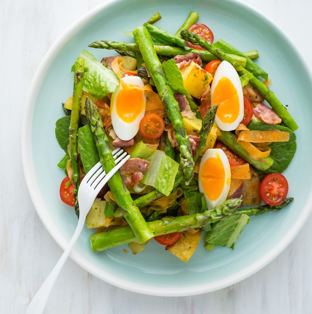Roast Potato, Bacon and Egg Salad with Asparagus and Herby Dressing
