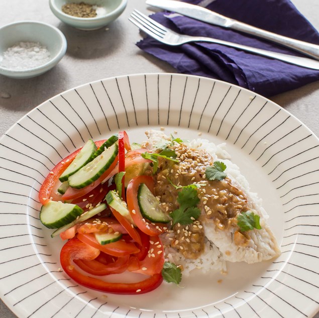 Fish with Cashew, Lemon and Coconut Sauce, Rice and Salad