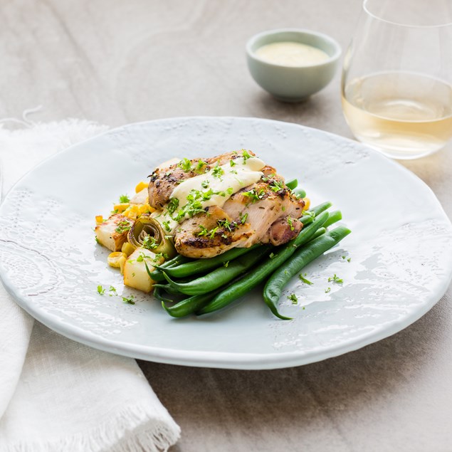 Tarragon Chicken with Roasted Leek Potatoes and Bearnaise