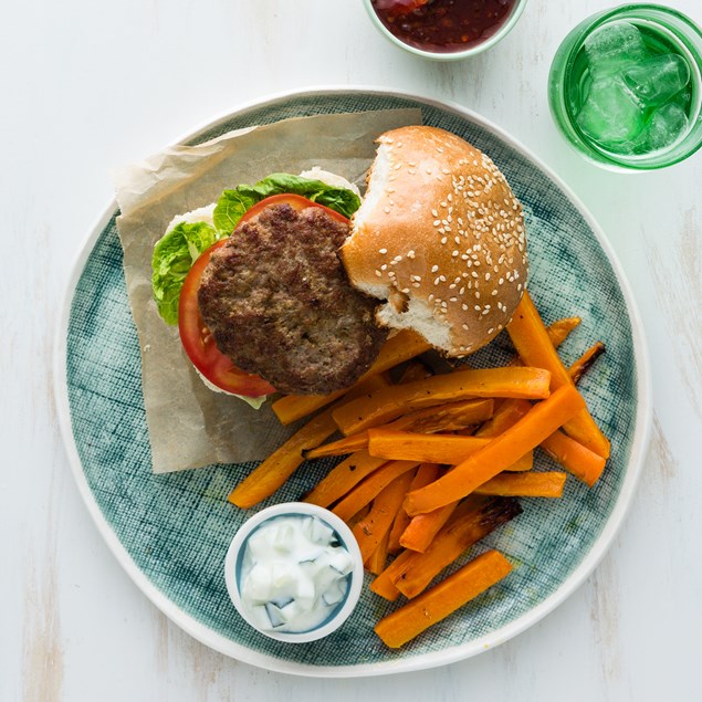 Indian Lamb Burgers with Cucumber Yoghurt and Carrot Chips