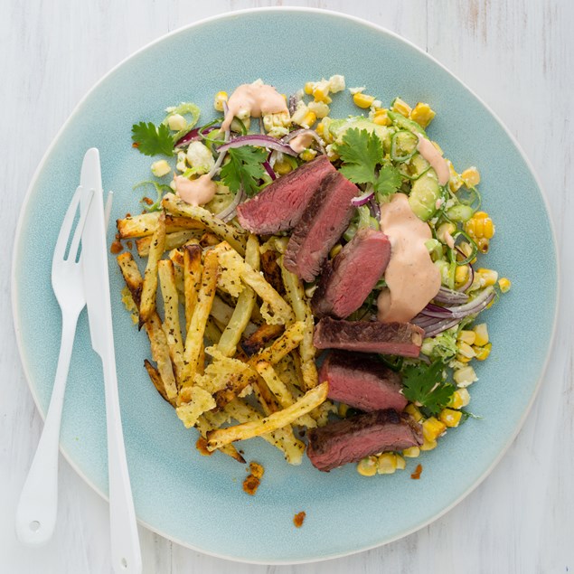 Grilled Beef with Sweetcorn Salsa and Parmesan Potatoes