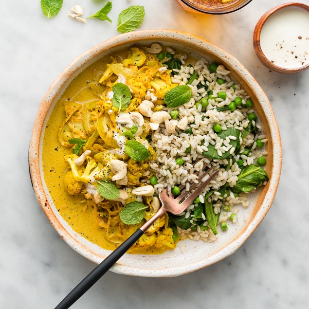 Roasted Cauliflower Coconut Korma with Cashews & Brown Rice