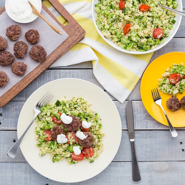 Greek Lamb Meatballs with Couscous Salad and Yoghurt Dressing
