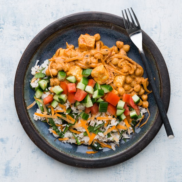 Halloumi and Chickpea Curry with Veggie Rice 