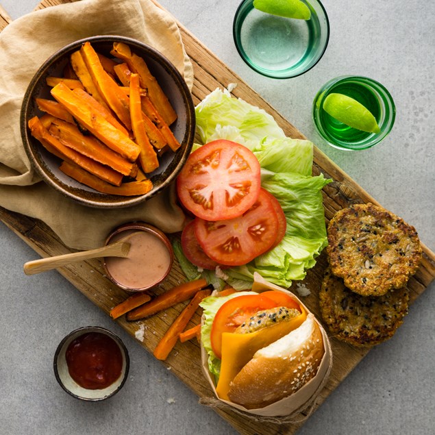 Veggie Cheese Burgers with Garlic Carrot Chips 