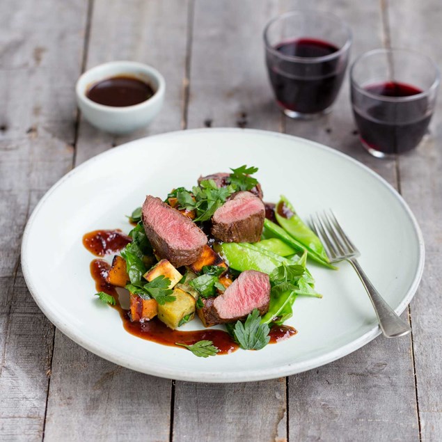 Venison Medallions with Kumara and Spinach, Snow Peas and Cranberry Balsamic Sauce