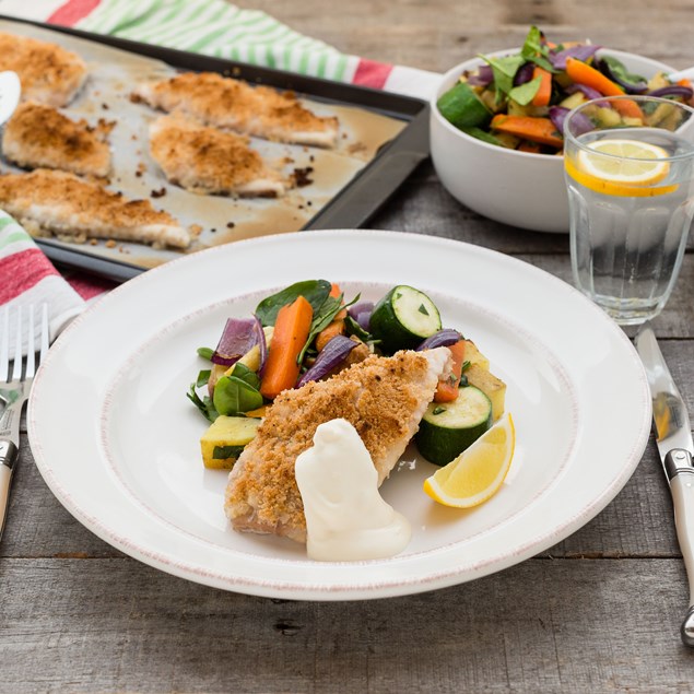 Lemon Crumbed Fish with Honey Roast Veggies and Homemade Garlic Aioli