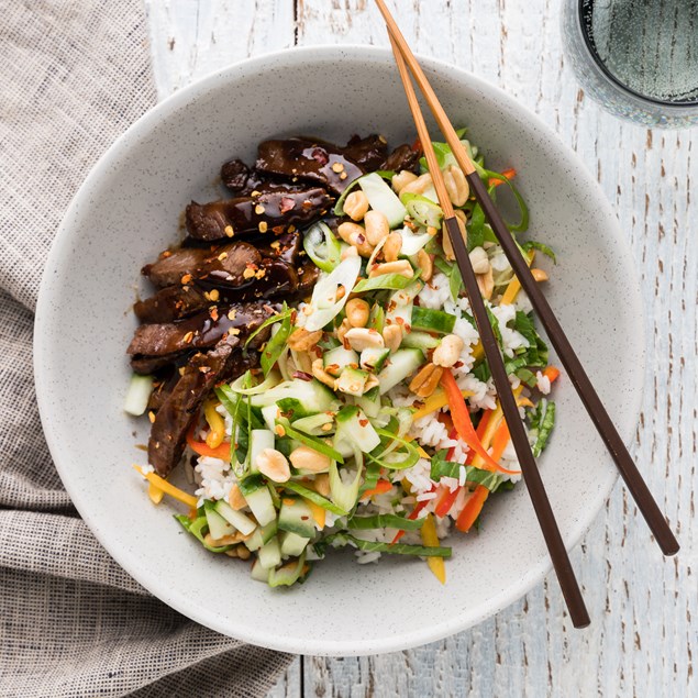 Sticky Asian Beef with Peanut & Cucumber Salad