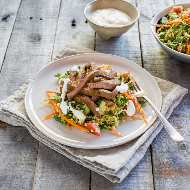 Moroccan Beef with Couscous Salad and Yoghurt Drizzle