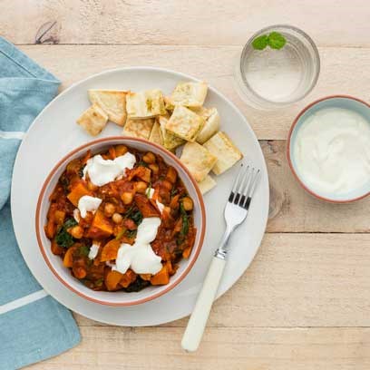 Pumpkin and Chickpea Tagine with Garlic Pita Croutons and Tahini Yoghurt