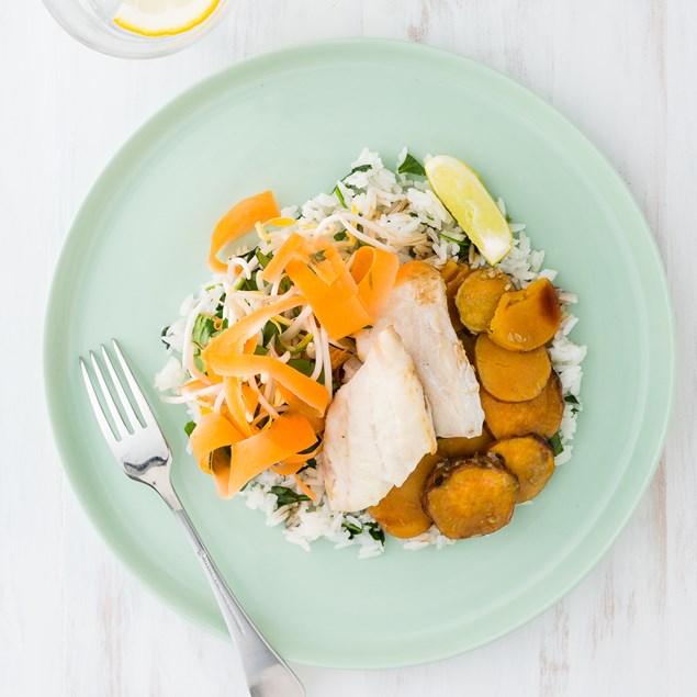 Coconut Fish and Sweet Potato with Spinach Rice