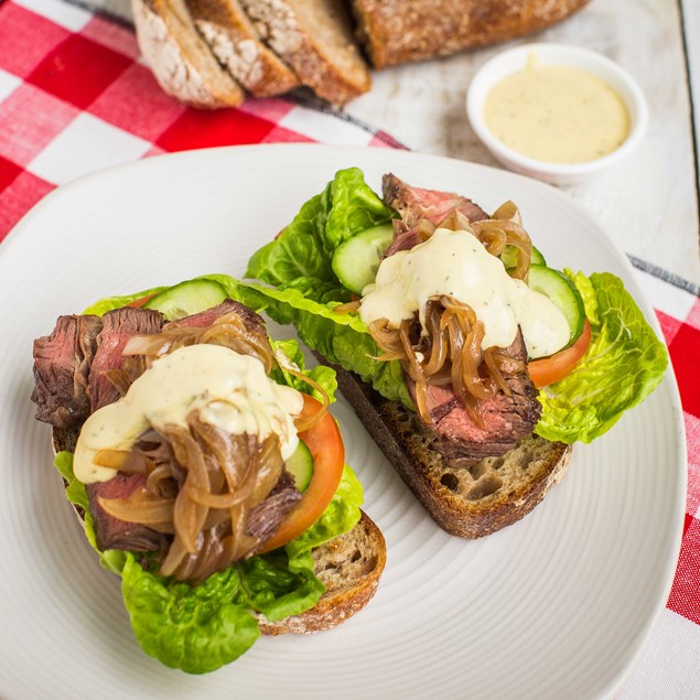 Open Beef Sandwich with Caramelised Onion, Béarnaise Sauce and Salad