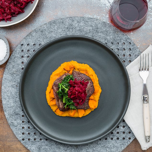 Venison Medallions with Pumpkin Puree and Beetroot Relish 