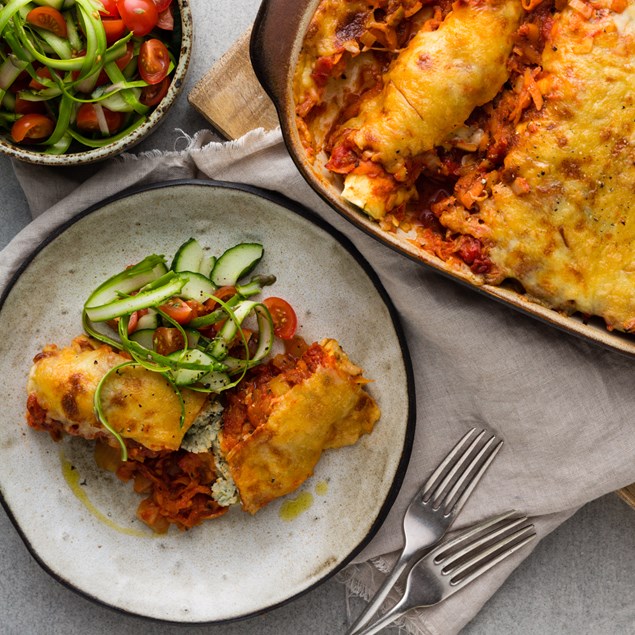 Spinach and Ricotta Cannelloni with Asparagus Salad