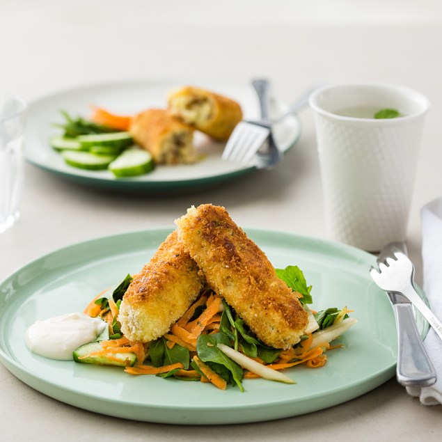 Cheesy Smoked Fish Croquettes with Spinach Salad