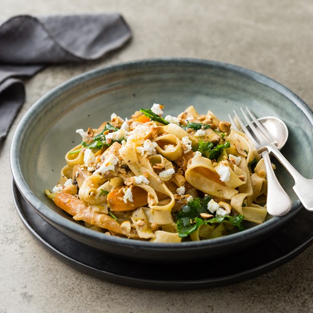 WINTER SAUTÉ WITH POPPY SEED FETTUCCINE, GOAT’S CHEESE AND HAZELNUTS