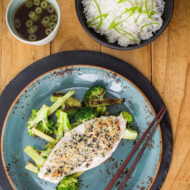 Karengo-Crusted Fish with Ponzu Broccoli and Miso Soup