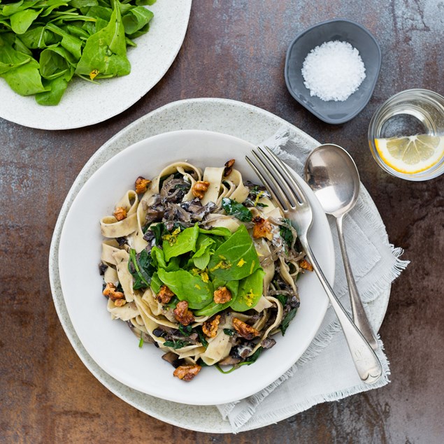 Mushroom Pappardelle with Truffle Ricotta and Honey Roasted Walnuts