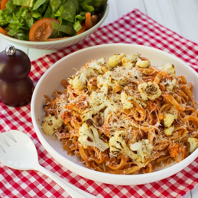 Roasted Cauliflower and Tomato Tagliatelle with Salad