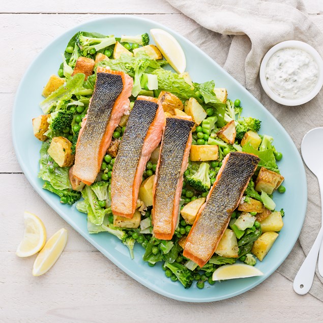 Crispy Salmon with Potato Pea Salad and Caper Aioli