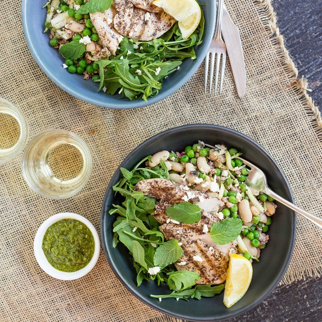 Sumac Chicken with Pea, Bacon, Feta and Cannellini Beans