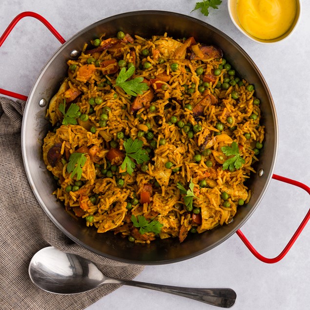 Chicken & Chorizo Paella with Saffron Yoghurt