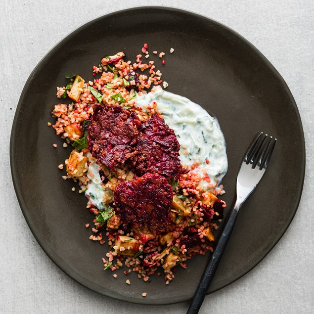 Beetroot Falafel With Roast Vegetable Tabbouleh and Tzatziki 