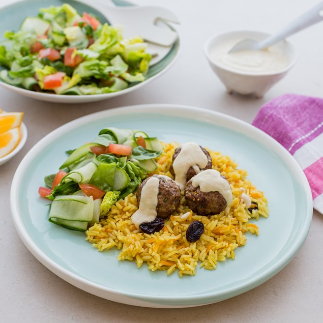 Moroccan Beef Meatballs with Rice and Hummus