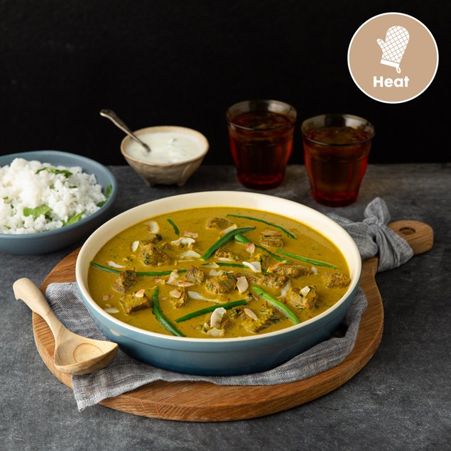 Coconut Beef Curry with Green Rice and Cucumber Yoghurt
