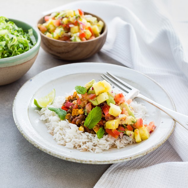 Jerk Spiced Lentils with Pineapple Salsa and Coconut Rice