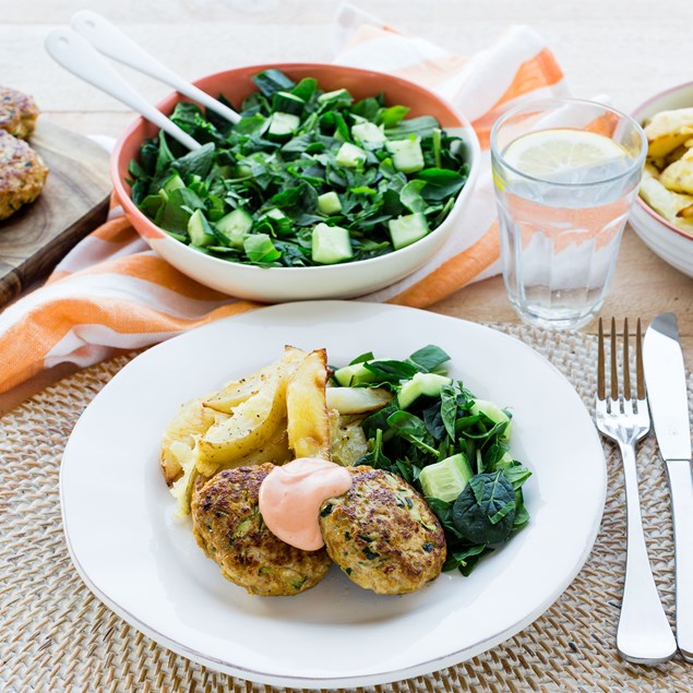 Turkey Rissoles with Cheesy Oven Fries and Salad