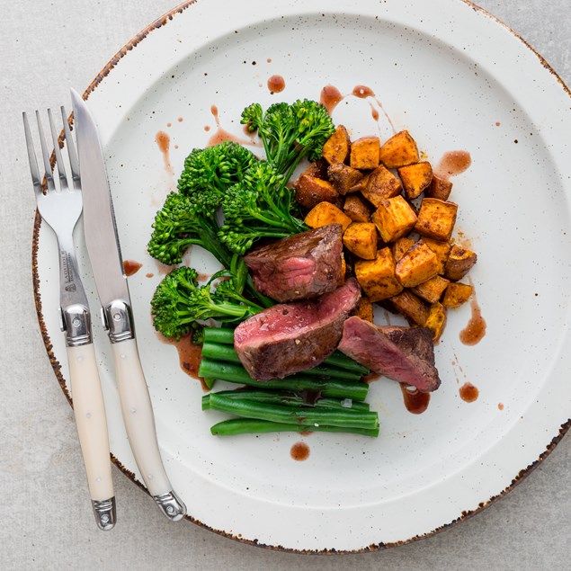 Pan-Fried Venison with Fennel-Roasted Kumara and Cherry Jus