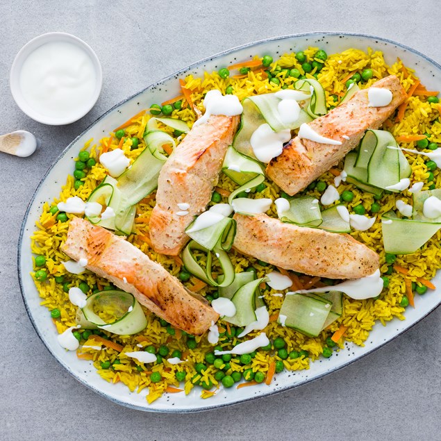 Jamaican Jerk-Baked Salmon with Yellow Rice and Yoghurt Dressing