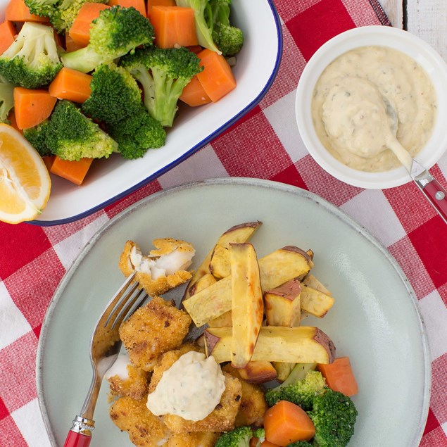 Fish Nuggets with Tartare Sauce, Kumara Chips and Carrot Broccoli Toss