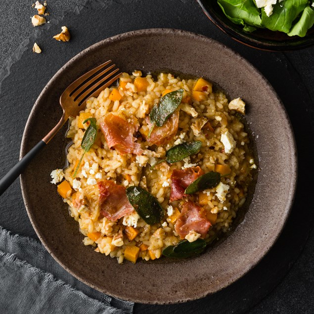 Pumpkin Risotto with Crispy Sage and Proscuitto