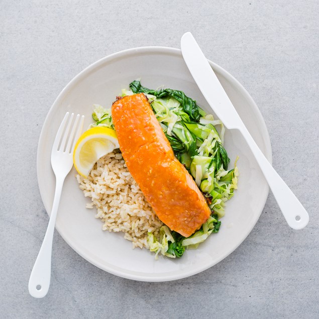 Sriracha-Glazed Salmon with Brown Rice and Wilted Greens