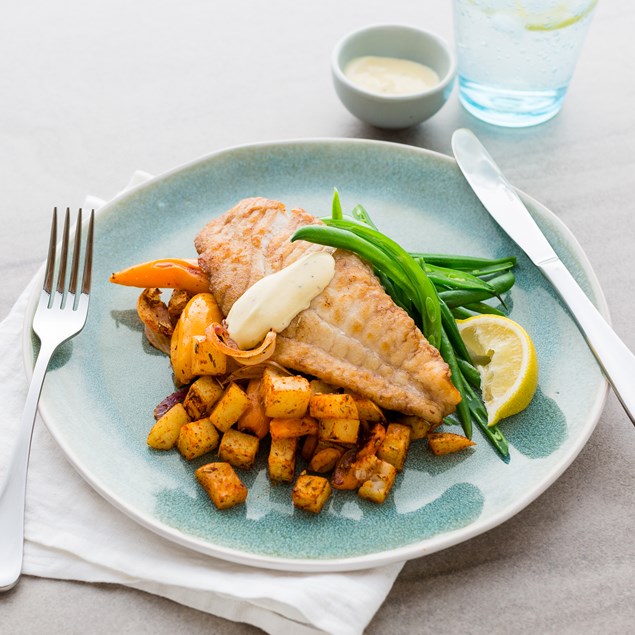 Fish with Roasted Vegetables and Hollandaise 