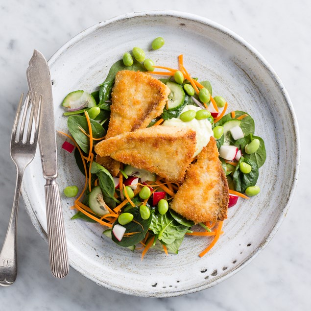 Katsu Fish with Miso Pea Salad and Wasabi Aioli