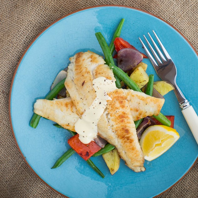 Pan-Fried Fish with Roast Vegetables and Hollandaise